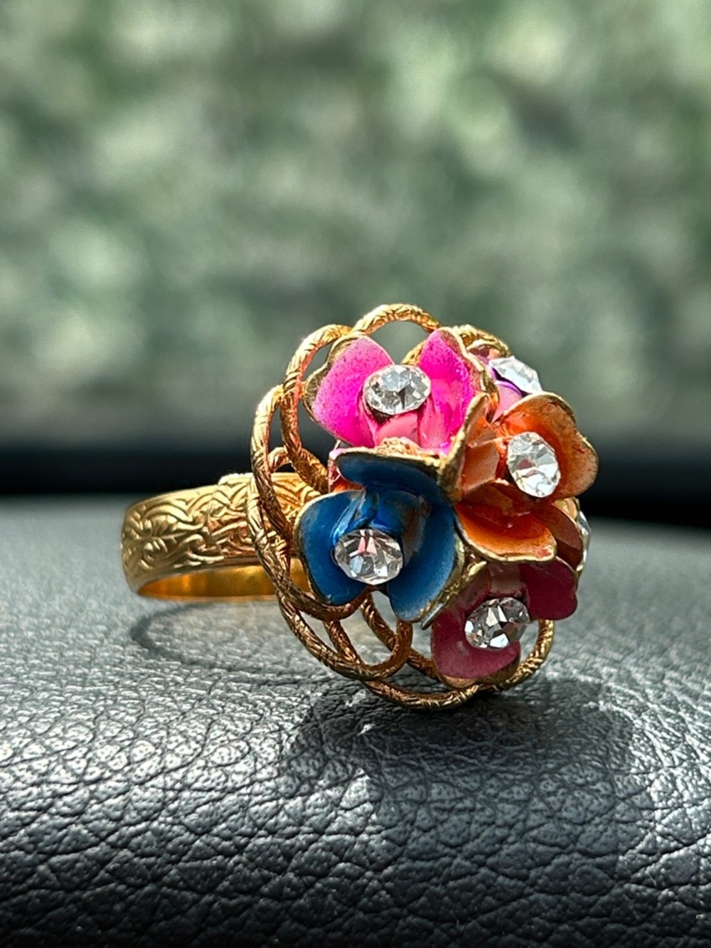 Vintage Multicolor Floral Enamel Rhinestones Statement Ring